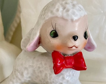 Vintage Anthropomorphic Lamb Sheep Figurine, Made in Japan, Red Bow Tie, Big Eyes, Kitsch Collectible