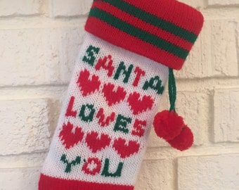 Vintage 80s Santa Loves You Christmas Stocking, Knit Ugly Christmas Sweater Style, Small Stocking