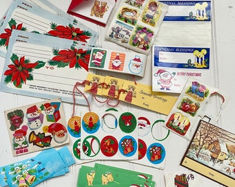 Lot Vintage Christmas Gift Tags, Gummed Seals, Sticker Sheets, Paper Ephemera, Retro Paper Craft Supplies