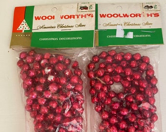 2 Vintage Woolworth Red Mercury Glass Bead Garlands, New in Package, Unopened, Made in Japan, Christmas Garland