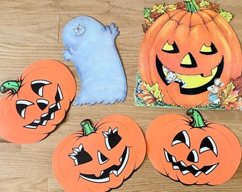 Vintage Die Cut Lot Cute Halloween Pumpkins, Beistle Jack o Lanterns, Ghost