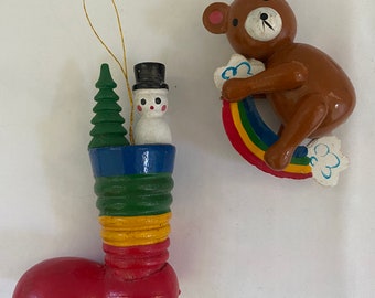 Vintage Rainbow Wooden Christmas Ornaments, Retro Stocking, Snowman, Bear, Colorful Christmas Decorations, Primary Colors