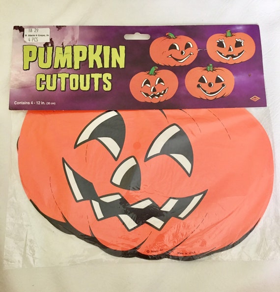 Four Beistle Halloween Pumpkin Die Cut Cardboard Decorations 1990s New In Package Jack O Lanterns New Old Stock Cut Outs