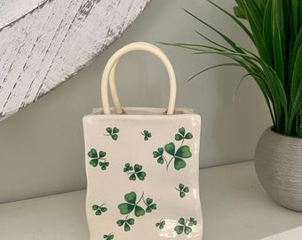 Vintage Lefton 2617 Shamrock Shopping Bag, St Patrick's Day Irish Ceramic Sack