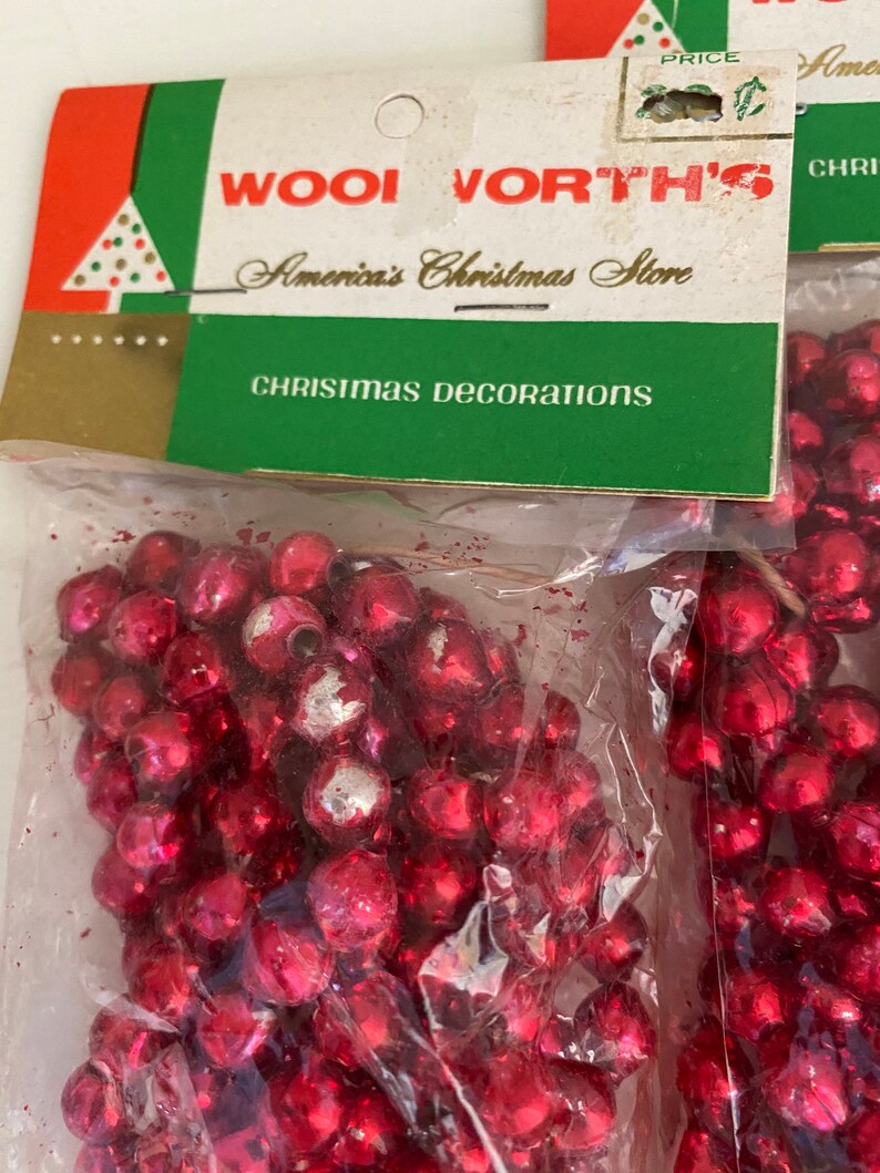 2 Vintage Woolworth Red Mercury Glass Bead Garlands, New in Package