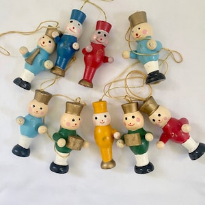 Lot of Nine Vintage Mini Wood Soldiers Christmas Ornaments, Small Musical Band Wooden Ornaments, Christmas Wreath Making Crafting