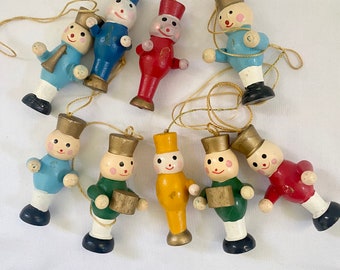 Lot of Nine Vintage Mini Wood Soldiers Christmas Ornaments, Small Musical Band Wooden Ornaments, Christmas Wreath Making Crafting