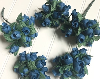 Vintage Millinery Flowers, Floral Supplies, Lot of 5 Dark Blue Rose Flower Bundles Bouquets, made in Korea, Wedding Bouquet, Corsage