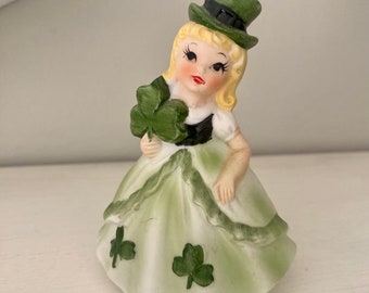 Vintage Lefton Irish Girl Figurine, St Patrick's Day Shamrock, Green Top Hat