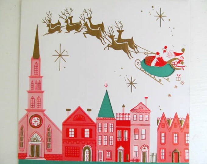 Three Vintage Unused Christmas Cards, Santa and Reindeer Embossed