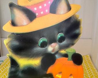 Vintage Stand Up Oversized Halloween Greeting Card, American Greetings Black Cat Pumpkin Forget me Not Unused 1970s Card