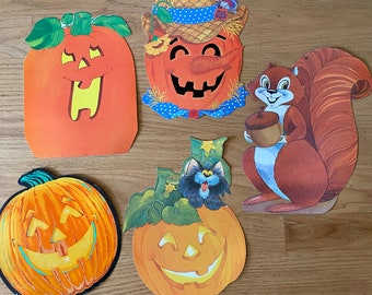 Vintage Die Cut Lot Halloween Pumpkins, Jack O Lantern, Autumn Squirrel