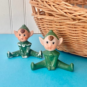 Two Vintage Pixie Elves, Green Ceramic Elf Pair, Small Garden Gnome Christmas Elves, Fairy Garden Supplies