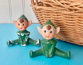 Two Vintage Pixie Elves, Green Ceramic Elf Pair, Small Garden Gnome Christmas Elves, Fairy Garden Supplies