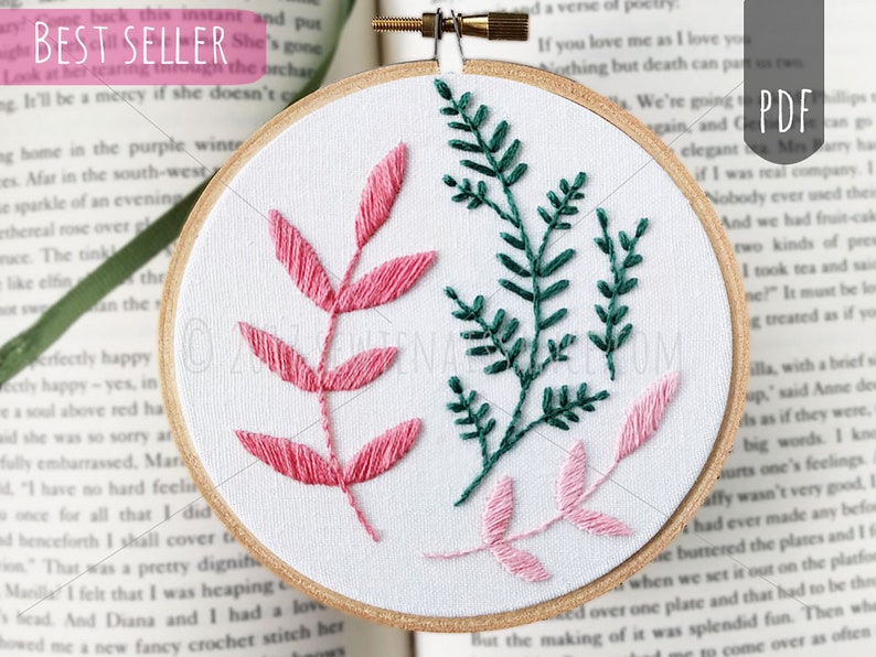 PINK & GREEN BOTANICAL Pdf Hand Embroidery Pattern for Beginners image 1