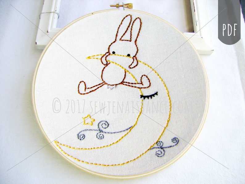 MOON BUNNY PDF Hand Embroidery Pattern Goodnight Bunny image 1