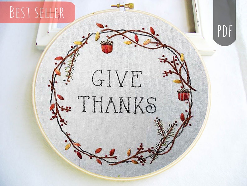 GIVE THANKS PDF Hand Embroidery Pattern Thanksgiving Holiday image 1