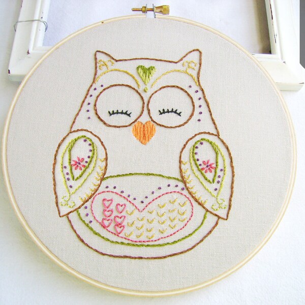 HEARTS & FLOWERS OWL | Pdf Hand Embroidery Pattern