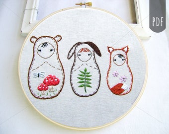 NESTING DOLL ANIMALS | Pdf Hand Embroidery Pattern Woodland Friends Bear Bunny Fox