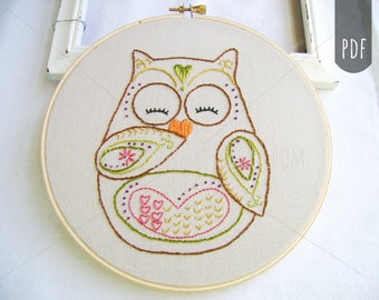 HEARTS & FLOWERS OWL | Pdf Hand Embroidery Pattern