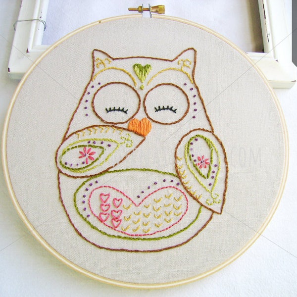 HEARTS & FLOWERS OWL | Pdf Hand Embroidery Pattern