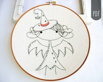 PDF Hand Embroidery Pattern | Bat Witch Autumn and Fall Halloween Girl