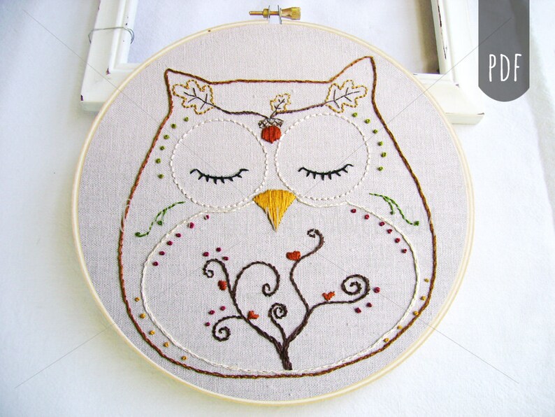 FALL OWL Acorn and Spiral Tree PDF Hand Embroidery Pattern image 1