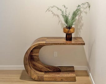 C Shaped Console Table, Mid Century Modern Wood Entryway Table, Narrow Hallway Accent Table for Living Room or Foyer