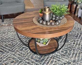 Round Industrial Coffee Table with Storage Shelf, Modern Wood & Black Metal 2-Tier Center Table for Living Room or Home Office