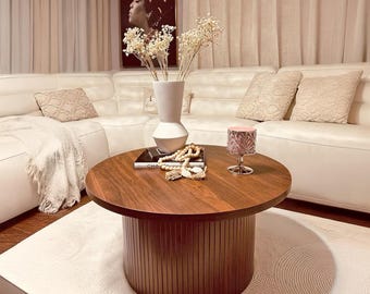 Round Tambour Coffee Table, Mid Century Modern Farmhouse Wood Coffee Table, Low Living Room Accent Table, Small Space Friendly