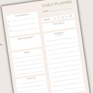 May include: A beige daily planner with sections for top priorities, mood, daily focus, and a schedule. The text "A gentle daily page for calmer decisions" is displayed. The planner is a printable PDF.