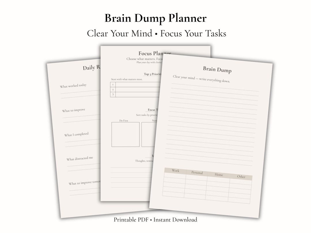Brain Dump Focus Planner Printable Mental Clarity Organizer PDF - Etsy