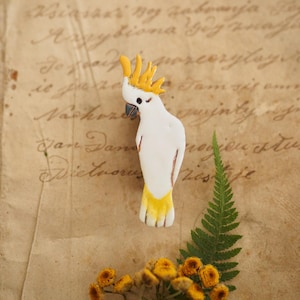 Cockatoo brooch, nature inspired bird jewelry, white parrot brooch, enamelled copper pin