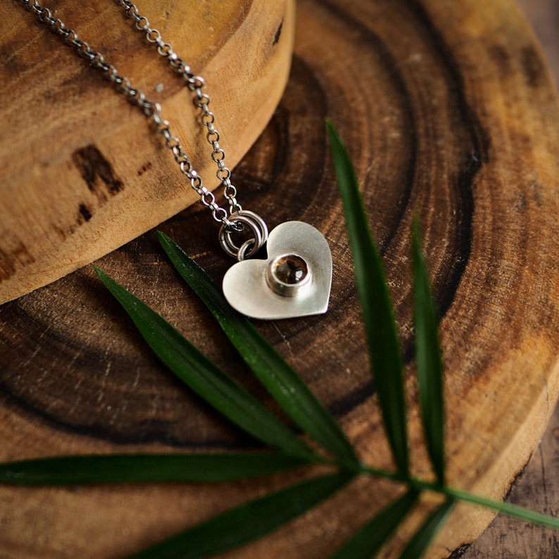 Minimalist silver heart necklace with citrine Valentine/'s day gift idea