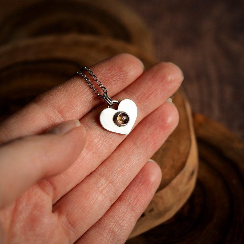 Minimalist silver heart necklace with citrine Valentine/'s day gift idea