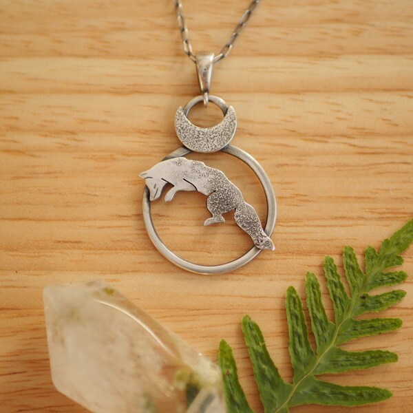 Fox silver necklace with moon, spirit animal pendant, fox pendant, woodland style jewelry, moon magic jewelry