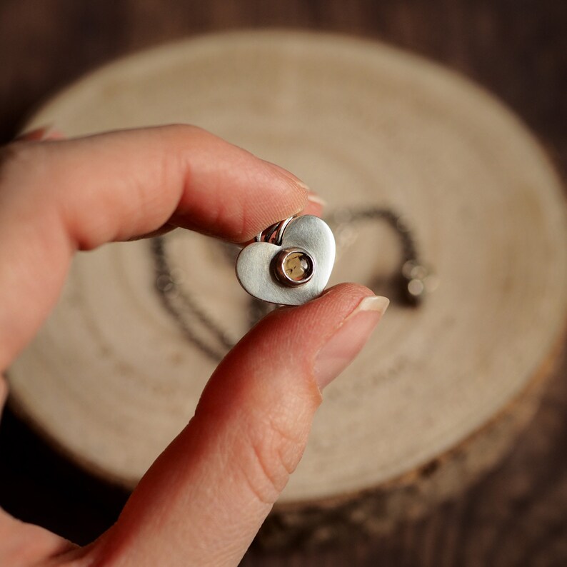 Minimalist silver heart necklace with citrine Valentine/'s day gift idea