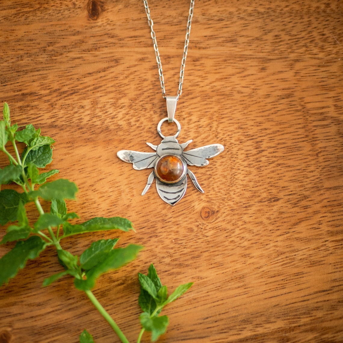 Honey bee necklace with amber sterling silver bee pendant Etsy