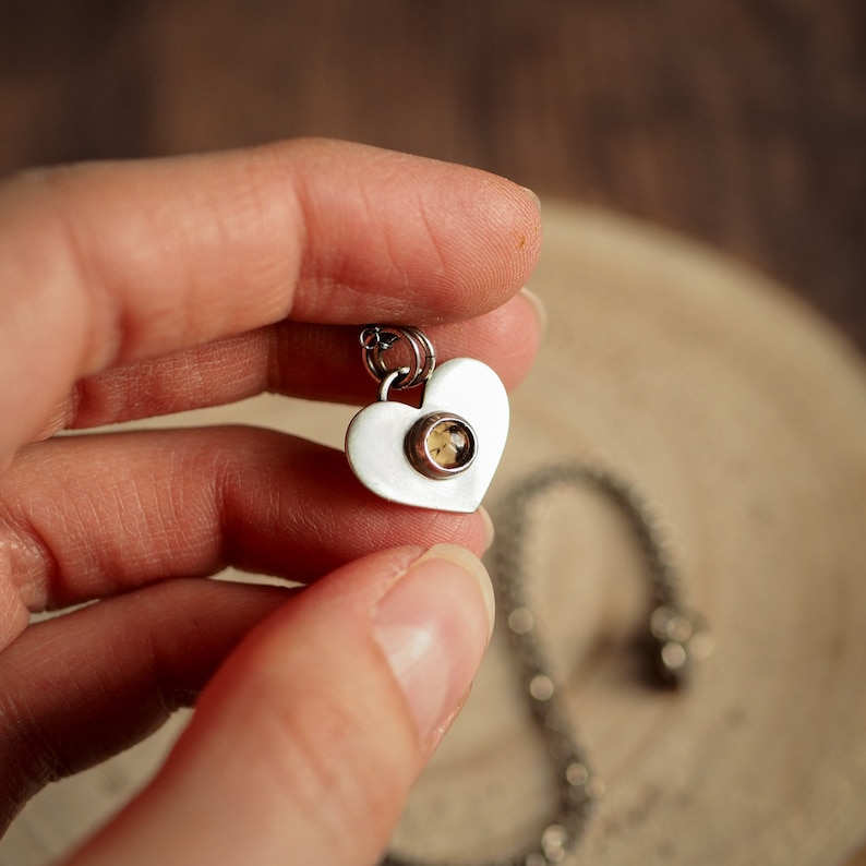 Minimalist silver heart necklace with citrine Valentine/'s day gift idea