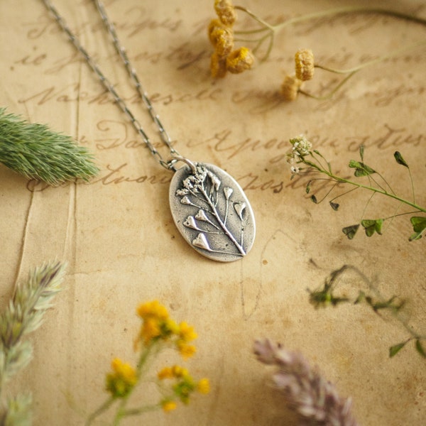 Shepherd's purse charm necklace, Rustic silver pendant, witchy botanical jewelry, minimalist everyday wear jewelry