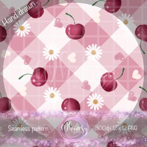 Motivo senza cuciture con ciliegie ad acquerello in formato PNG, cuori di margherite a quadretti rosa, carta digitale con frutta Cottagecore, grazioso design in sublimazione su tessuto