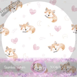 Sleepy Fox Nursery デジタルペーパー – 昇華転写、布地、表面デザイン用のハート柄の絵画風ベビーシームレスパターン