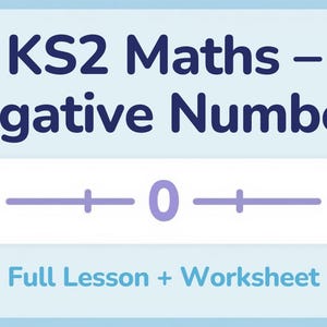 Könnte beinhalten: Hellblaue Grafik mit dem Text "KS2 Maths - Negative Zahlen". Darunter eine horizontale Zahlenlinie mit der Zahl Null in der Mitte. Der Text "Full Lesson + Worksheet" befindet sich unten.