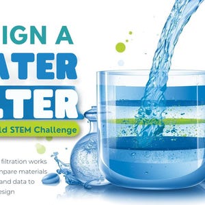 Op de afbeelding: Een grafische afbeelding die een STEM-uitdaging promoot om een waterfilter te ontwerpen. De afbeelding toont een glas gelaagd water, een beker en de tekst "DESIGN A WATER FILTER" en "A Real-World STEM Challenge".