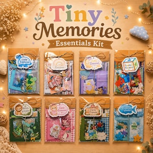 May include: Eight clear plastic pouches containing assorted craft supplies, each labelled with a theme like Little Explorer, Little Rainbow, Little Dreamer, Timeless Treasure, Wild Wonders, Little Princess, Farm Friends, and Ocean Wonders.