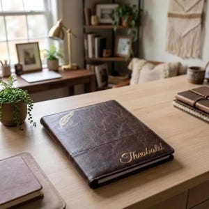 Puede incluir: Un cuaderno de textura de cuero marrón oscuro con un icono de pluma en relieve dorado en la parte superior izquierda y el nombre Theobald escrito en letra dorada en la esquina inferior derecha, sobre una superficie de escritorio de madera clara.