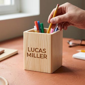 Puede incluir: Un portalápices cuadrado de madera clara con el nombre LUCAS MILLER grabado en la parte frontal. El recipiente de madera natural contiene varios bolígrafos y lápices de colores, con un lápiz amarillo siendo colocado dentro.