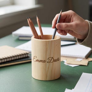 Puede incluir: Un portalápices cilíndrico de madera clara con el nombre Emma Davis grabado en una fuente cursiva. El portalápices contiene tres lápices y está colocado en posición vertical sobre una superficie plana.