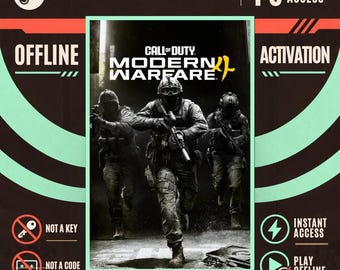 Könnte beinhalten: Ein digitales PC-Spielprodukt für Call of Duty Modern Warfare mit drei Soldaten in taktischer Ausrüstung. Die Grafik enthält Textbeschriftungen für Steam, PC Digital Access, Offline Activation, Not a Key, Not a Code, Instant Access und Play Offline.