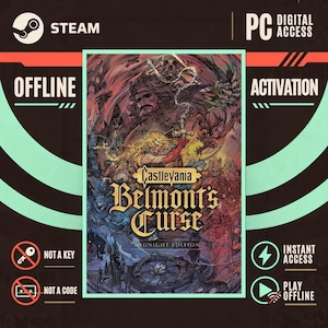 Può includere: Una copertina di gioco digitale per Castlevania: Belmont's Curse Midnight Edition con un'illustrazione centrale di un guerriero biondo con una frusta, circondato da creature fantasy oscure, con etichette di testo per Steam, PC Digital Access e Offline Activation.